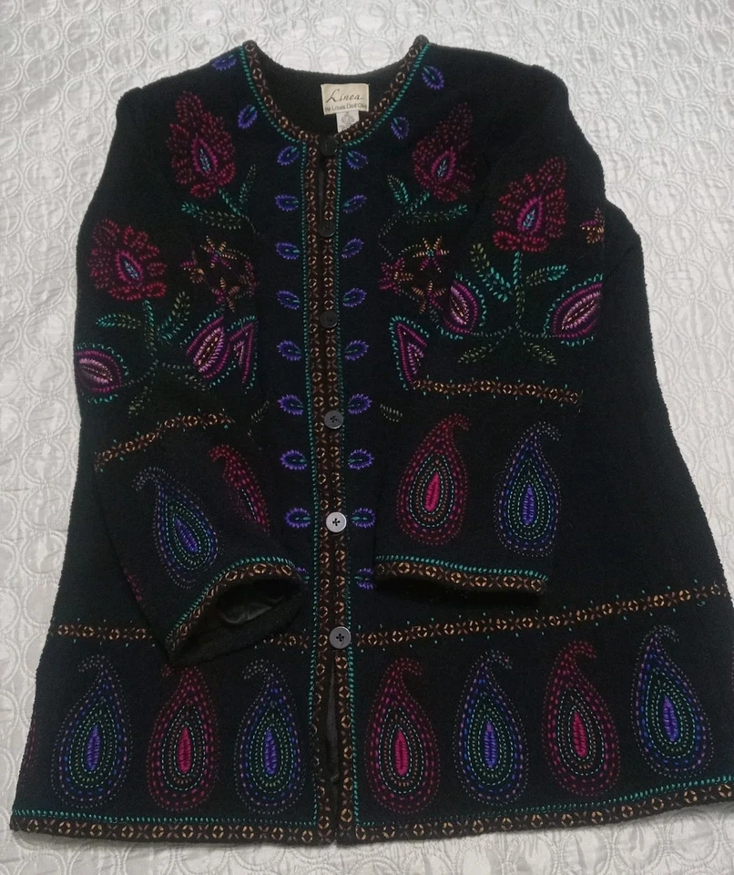 Abrigo Vintage Linea Louis Dell'Olio Negro Paisley Floral Bordado X-grande Foto 4 de 4