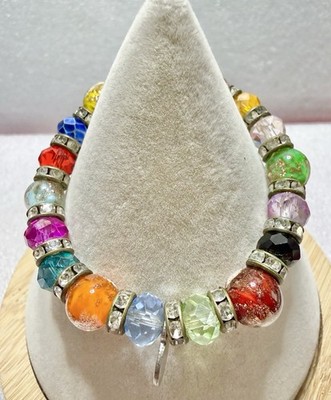Genuine MURANO Glass Multi Color, Foiled Venetian Symphony Sz S Stretch Bracelet