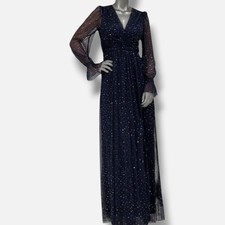 Eliza J Women's Blue Twist-Front Pleated Metallic Knit Gown Dress Sz 12