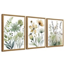 Wood Framed Canvas Wall Art, Boho Floral 16"L x 12"W Green Botanical