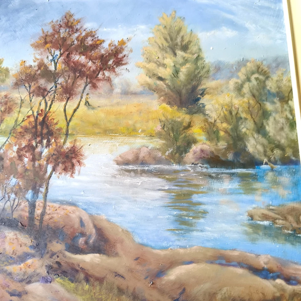 Landscape Oil Painting Stream Forest Scene Vintage Framed Nature Wall Art 65cm - image 3 of 4