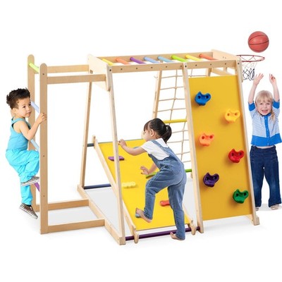 6-in-1 Jungle Gym w/Slide Rock Climbing Basketball Hoop Monkey Bar Rope Net