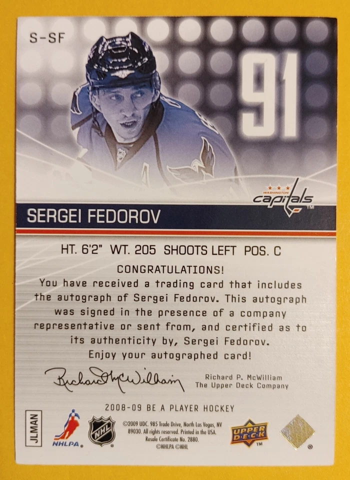 SERGEI FEDOROV 2008-09 BE A PLAYER AUTO #S-SF WASHINGTON CAPITALS NM-MT  A2 - Image 2 of 2
