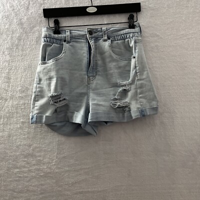 Vanilla Star Juniors Shorts Blue Solid 9 Cotton Blend Distressed Zip Button