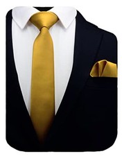 2.4" Slim Necktie and Handkerchief Set For Men Solid Skinny Tie Brooch Oldgold