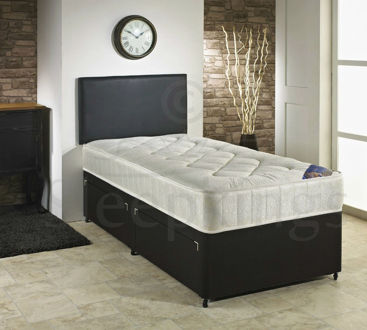 3FT SINGLE DIVAN BED BLACK WITH QUILTED MATTRESS STORAGE FOR ADULTS AND KIDS