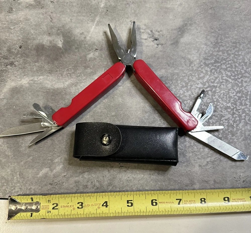Multi Tool 9-1 Red Vintage With Case Pliers Folding Bottle Opener File Knife