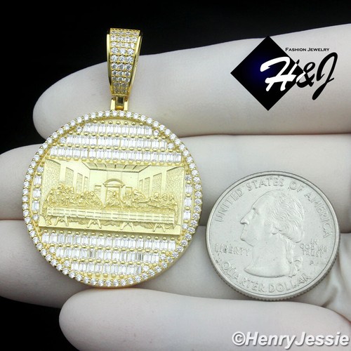 MEN 925 STERLING SILVER ICY CZ GOLD PLATED/SILVER LAST SUPPER ROUND PENDANT*P485 - Picture 10 of 10