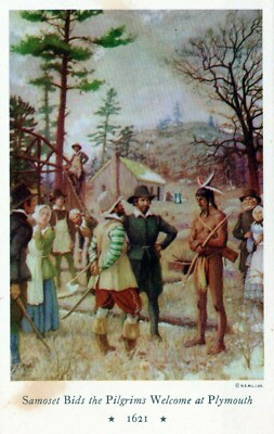 Samoset Bids The Pilgrims Welcome At Plymouth Ma 1621 Vintage Chrome Post Card