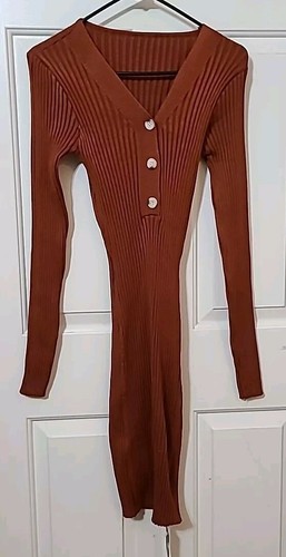 BLOOMING JELLY BODYCON RIB SWEATER DRESS SZ XL BURNT ORANGE HENLEY KNEE LENGTH - Picture 9 of 12