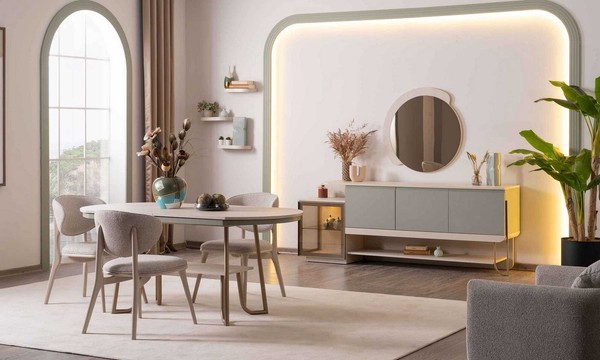 Esstisch StüHle Sideboard Spiegel Stil Modern Farbe Beige Holz Metall-image
