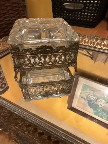 Vtg Gold Filigree Mirror Tray With Perfu,e Bottle & Trinket Box
