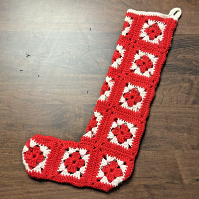 Vtg 70s Crocheted Granny Square 20'' Christmas Stocking White Red Handmade Knit
