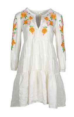 Maje Robe Femme Blanche Brodée Fleurs 100% Ramie Courte T2 M 38 E19ROSE - Photo 1/4