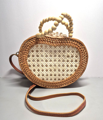 Woven Rattan Heart Handbag Cane Mesh Wooden Bead Handles Faux Leather Strap