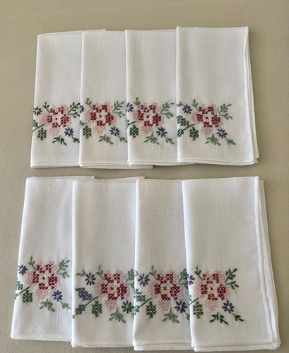 "Wild Roses" 8 Bucilla Completed Cross Stitch Napkins with Linen Look Never used