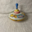 Vintage Ohio Art Metal Tin Litho Train  Spinning Top Wood Handle Works GOOD #E3