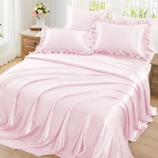 Ruffled Satin Sheets Twin Size 4pc Set - Blush Pink Bed Sheet Set with 15 Inch