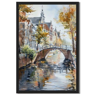Autumn Canal Bridge Wall Art Canvas Oil Paintings Reproduction