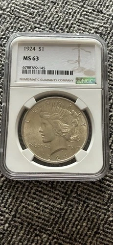 1924 $1 Silver Peace Dollar NGC Certified MS63 US Graded Coin Slab 90%