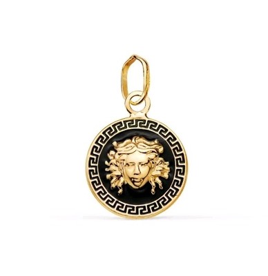 Anhänger Gold 18K 750 Mls. Griechische Medusa Schwarzer Emaille 12 Mm