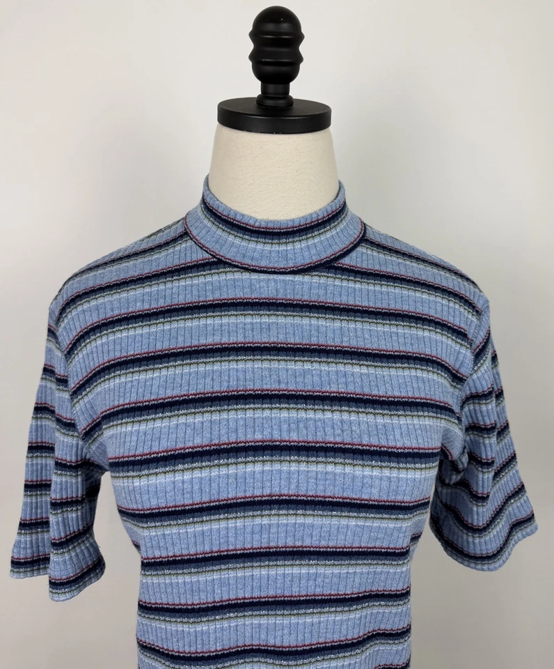 Vintage 90s Mock Neck Top Womens Medium Ribbed Knit Pastel Blue Metallic Stripe - Image 2 of 4
