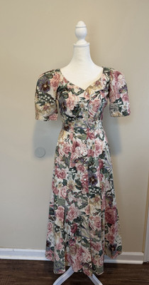 VTG Karen Alexander 80s Floral Midi Dress 10 Slits sweetheart Button Front retro