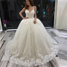 Elegant V Neck Wedding Dresses Lace Applique Chapel Train Ball Bridal Gowns