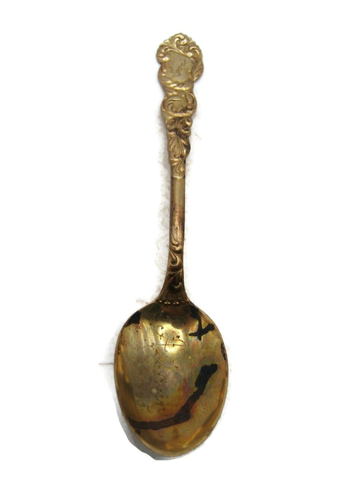 Antique 1895 Victorian Souvenir Spoon Gold Tone Engraved 'Love' Ornate Handle