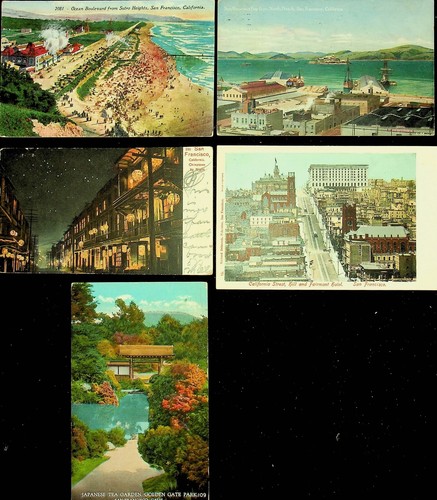 CINCO postales antiguas de Los Ángeles/San Francisco escenas generales -AA-39
