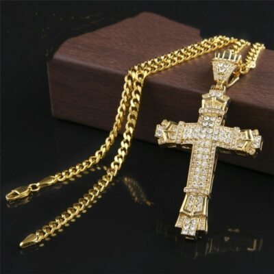 FDLK       2019 Men's Fashion Jewelry Gold Color Crystal Stainless Steel Cross