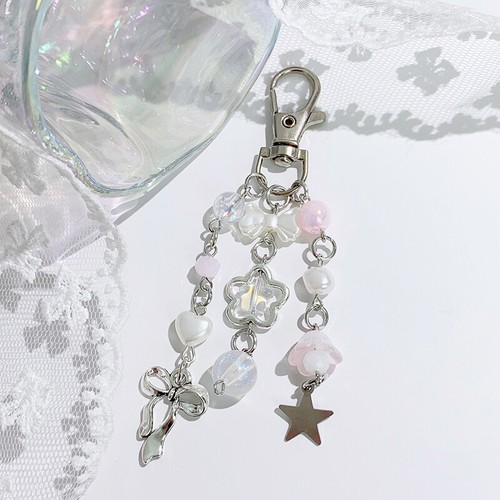Korean Style Fresh Bow Star Keychain Y2K liquidation Sweet Beaded Keyring Bag Pendant Gift