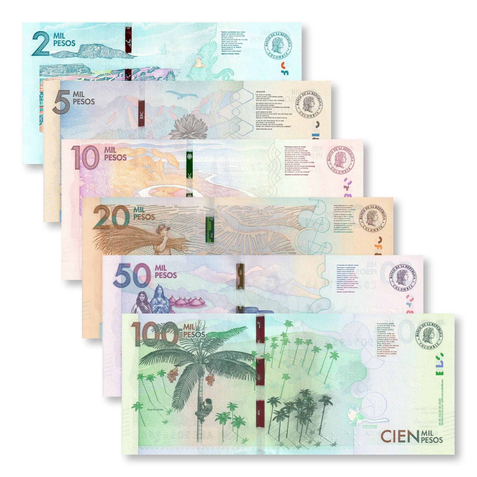 Colombia Full Set: 2,000–100,000 Pesos, 2015+, B993–B998, P458–P463, UNC