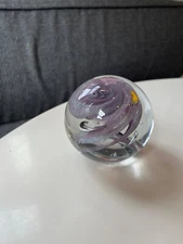 Vintage Purple Yellow & Grey Swirl Art Glass Paperweight, Handmade with Bubbles
