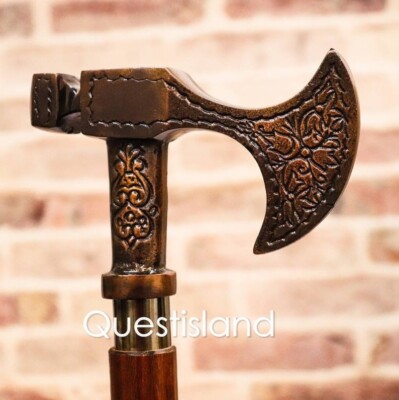 Solid Brass Antique Look Designer Axe Handle Handmade Wooden Walking Stick Cane