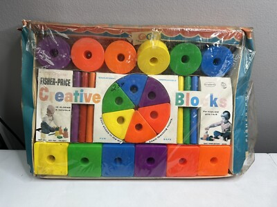 VTG 1963 New Fisher Price #771 CREATIVE BLOCKS Set 18 Blocks 6 WOODEN Dowels