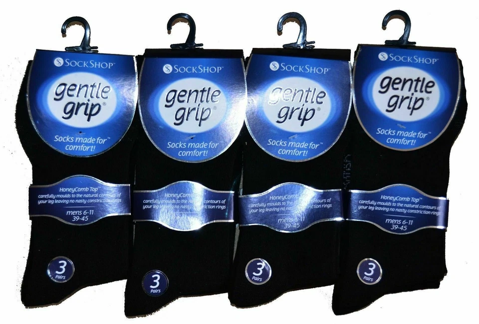 12 Pairs Mens Gentle Grip Black Socks Non Elastic Soft Top Diabetic Fashion 6-11