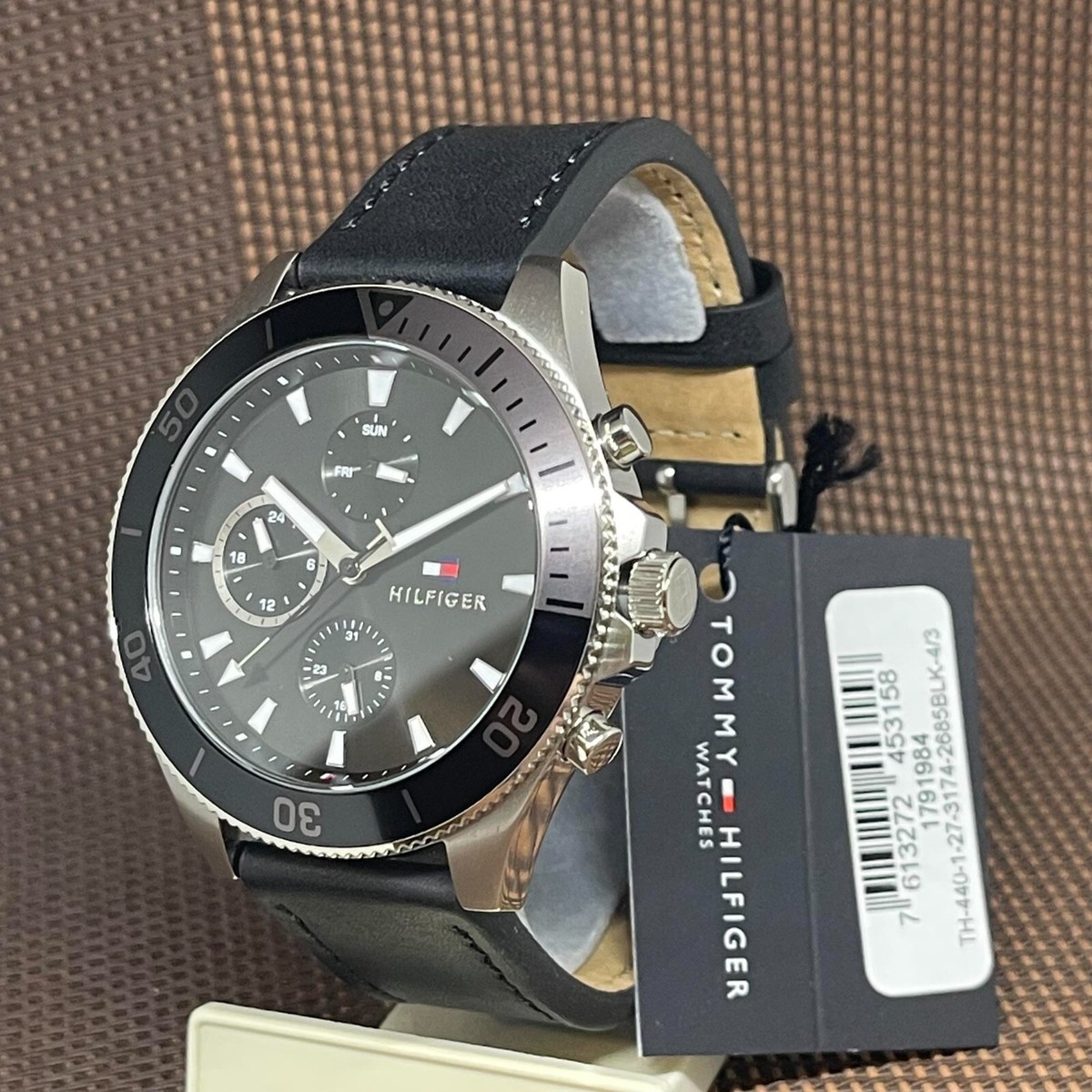 tommy hilfiger black leather men's multi function watch 1791984