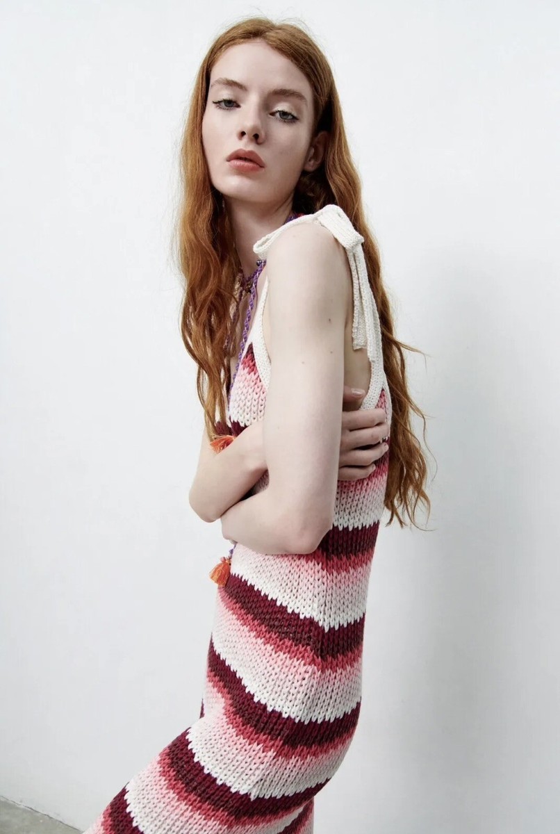 zara red striped midi dress ZARA Striped Knit Midi Dress M Red Pink Combo Limited Edition