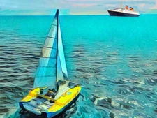 “Ships On Turquoise Sea” 8x10 Landscape Maritime Painting Original Art Print