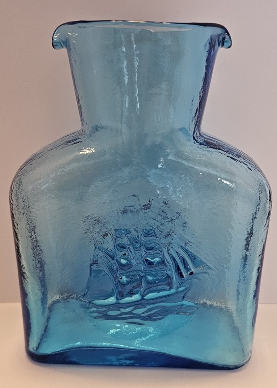 Vintage Kanawha Glass Blue Water Bottle Pitcher With Ship