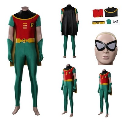 Robin Cosplay Costume Halloween party Disguise Robin Jumpsuit Cloak Eye Mask set