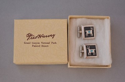 Vtg Fred Harvey Hopi Silver Cufflinks - Deer w. Turquoise - In Original  Box