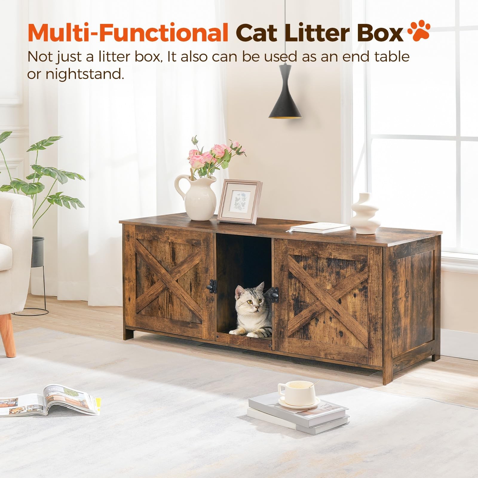 MAHANCRIS Hidden Litter Box Enclosure for 2 Cats, 47.2" Wooden Cat Washroom w/Sc