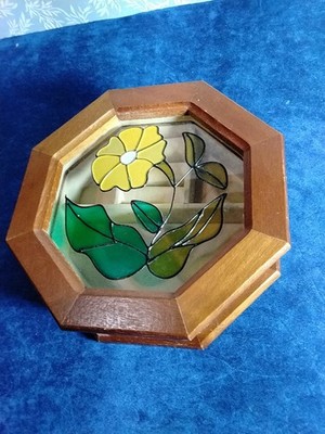 Vintage Octagonal Jewelry Box With a Stained Glass-style Floral.