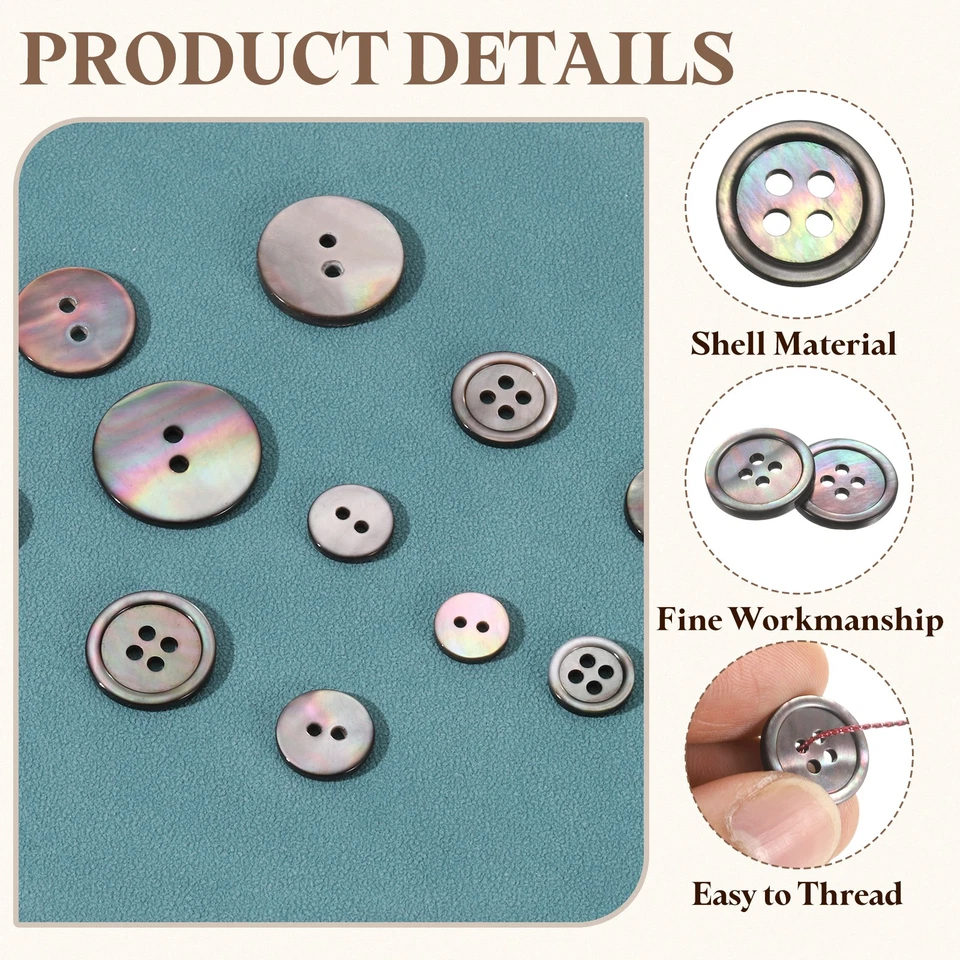 Botón de concha natural de 7 piezas, 4 agujeros 12,5 mm botones de madreperla, negro/plateado Foto 3 de 4