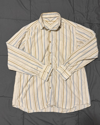 Tommy Bahama Mens S Silk Woven Striped Beige Blue Long Sleeve Button-Up Shirt