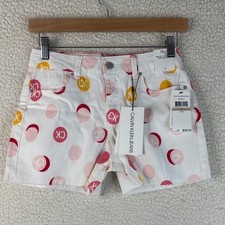 NWT Calvin Klein Jeans Girls White Pink Dots Mid-Rise Boy Denim Shorts Size 12