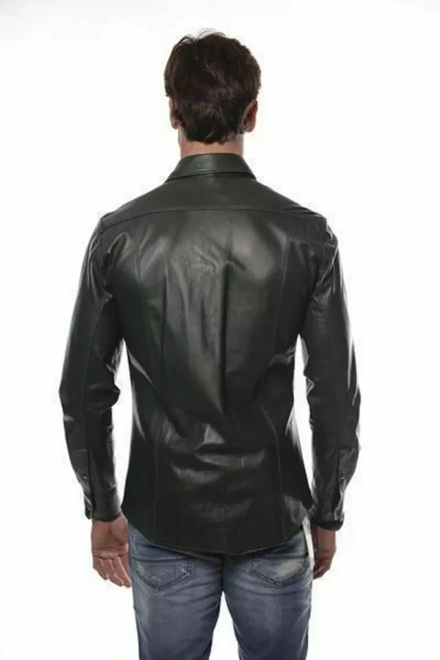 Chaqueta Camisa Western De Cuero Negro Genuino Con Botones Y Bolsillos