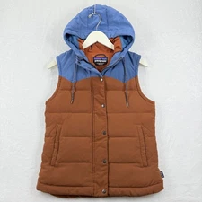 Patagonia Womens Bivvy Down Vest Hooded Puffer Brown Blue Snap Front Sz S READ